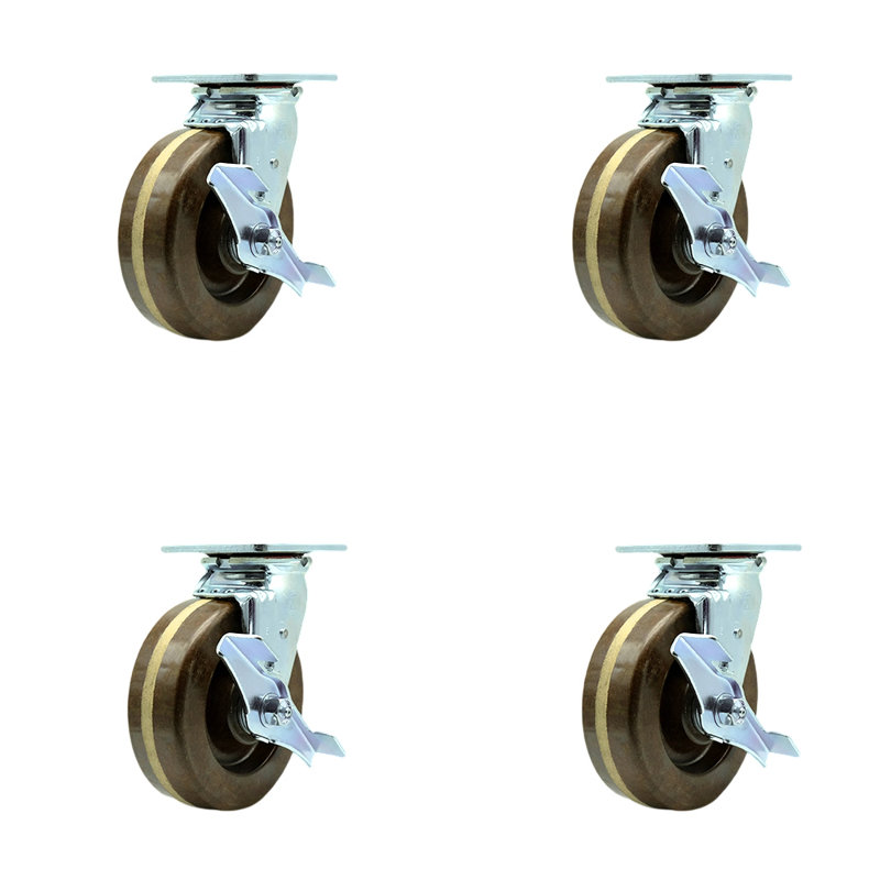 Roulettes phénoliques avec roulement à rouleaux et frein / verrou pivotant