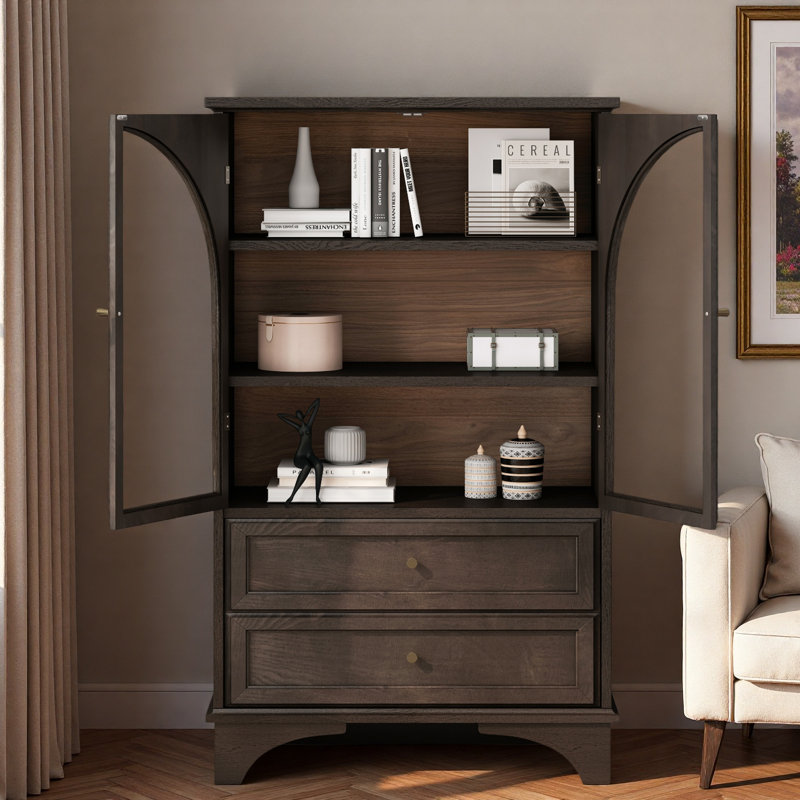 Armoire de rangement vitrée avec 2 tiroirs et tablettes réglables, Brun