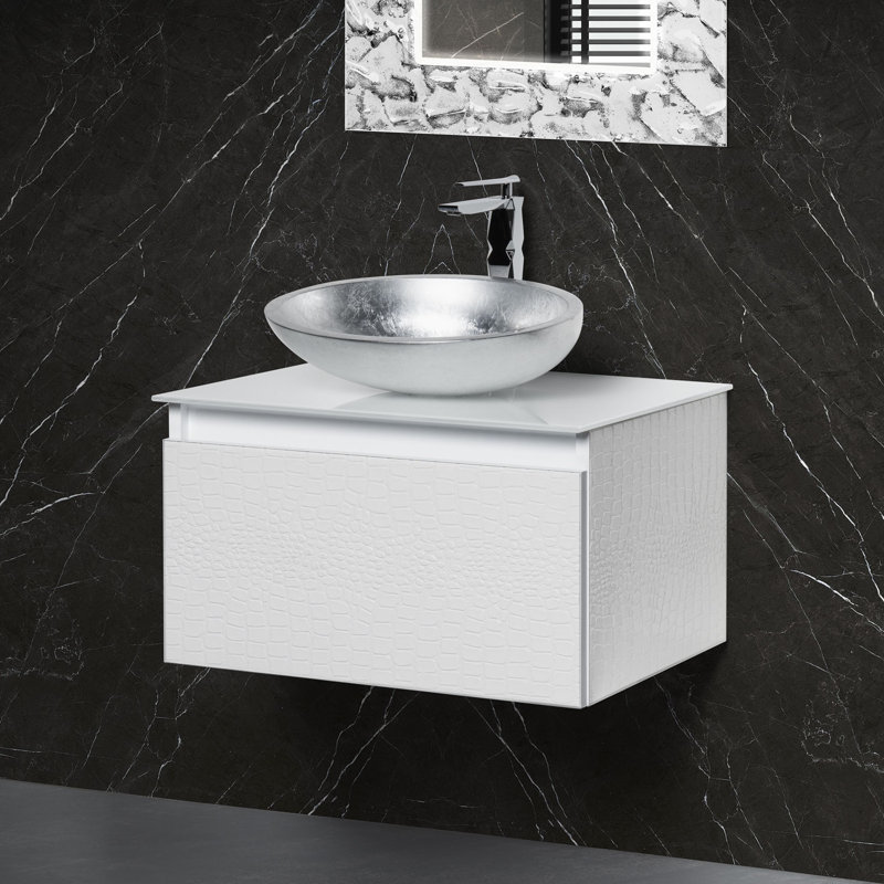 Meuble-lavabo simple avec comptoir, Crocodile blanc, 24", Verre trempé blanc