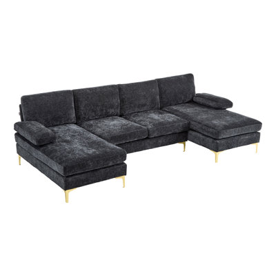 Canapé d'angle en forme de U de 286 cm avec double méridienne, canapé moderne capitonné avec pattes dorées pour salon - Noir