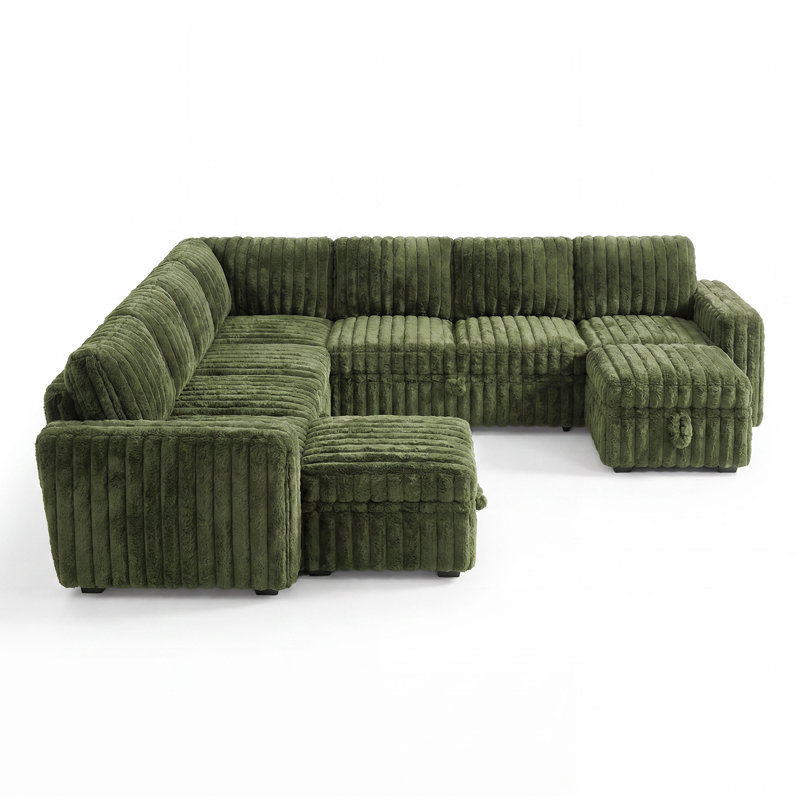 Canapé-lit modulaire rembourré avec rangement en fausse fourrure vert, Green Faux Fur