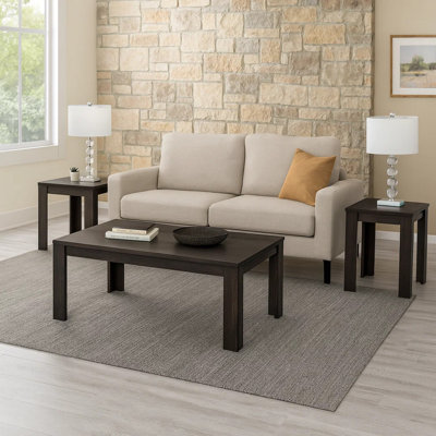 Beck 3Pc Coffee And End Table Set, Rectangular And Square, Black Finish by Benjara