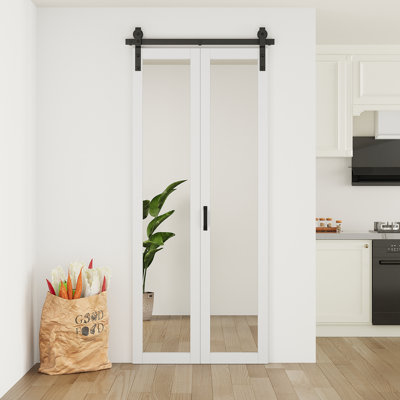 Closet Bi-Fold Barn Door 1-Lite Mirrored & Manufactured Wood Bi-Fold Barn Door 36" x 84" with Installation Hardware Kit (Perfect for Closet Room,Pantry,Laundry and Other Small Rooms)