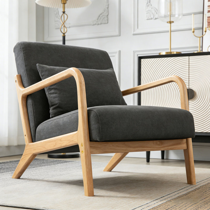 Chaise d'appoint moderne avec structure en bois, Lin de coton, Gris