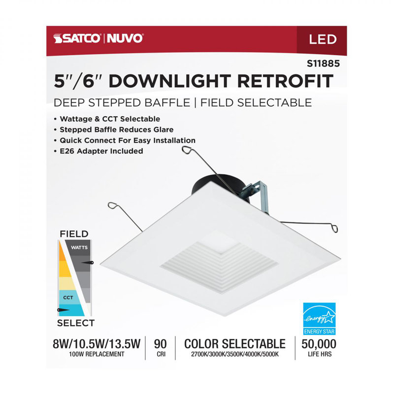 5" Square White Selectable CCT Dimmable LED Recessed Lighting Kit