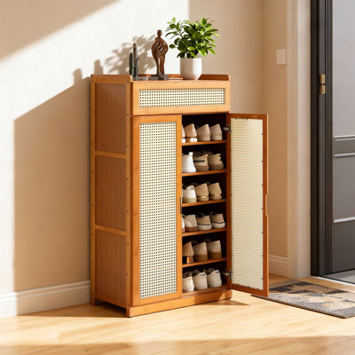 Bamboo 7-Tier Shoe Cabinet, 28 Pairs Heels Sneakers Shoe Rack Organizer with Flip Door and Wide Countertop