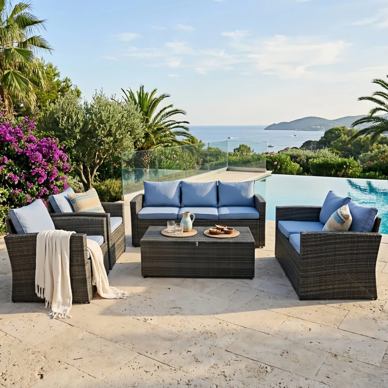 Ana 7-Person Outdoor Wicker Patio Conversation with Cushions & Storage, Blue/Gray