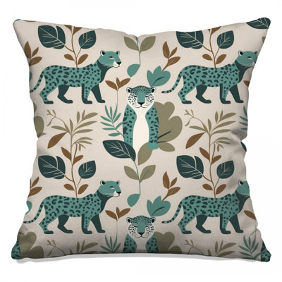 Teal Leopards With Leaves Double Sided Throw Pillows