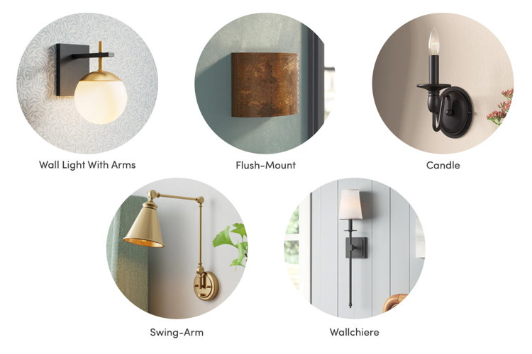 collage of 5 different wall sconce types: armed, flush-mount, candle, swing-arm, and wallchiere