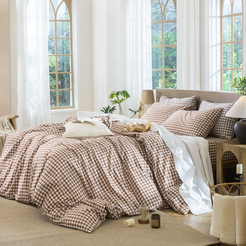 MooMee Gingham Duvet Cover Set 100% Washed Cotton Linen Like Lightweight, Dark Orange