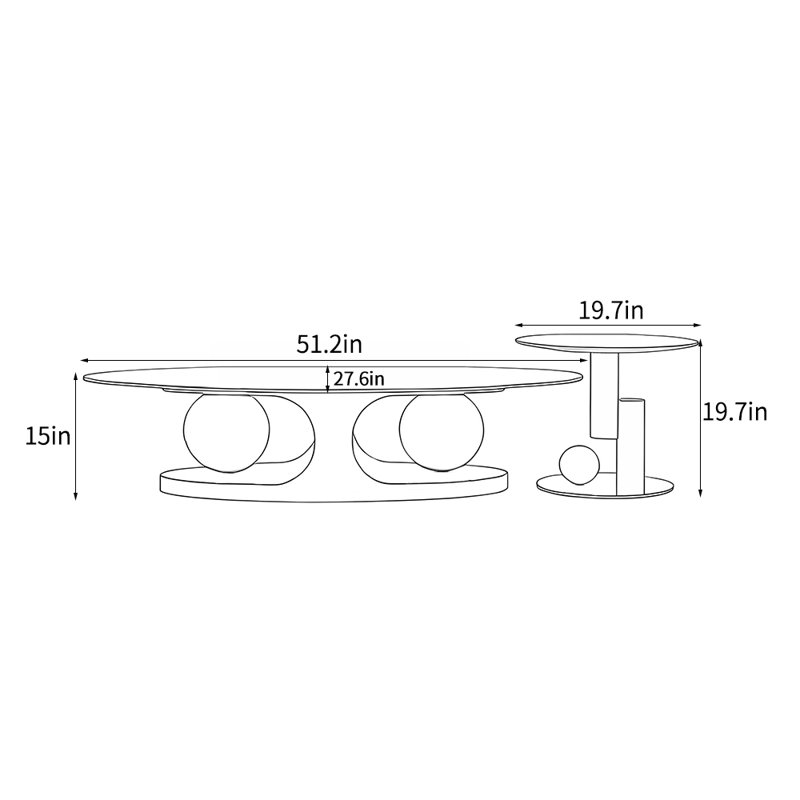 Ensemble de tables basses luxueuses de style italien, H 15 po x L 51,2 po x l 27,6 po, Noir