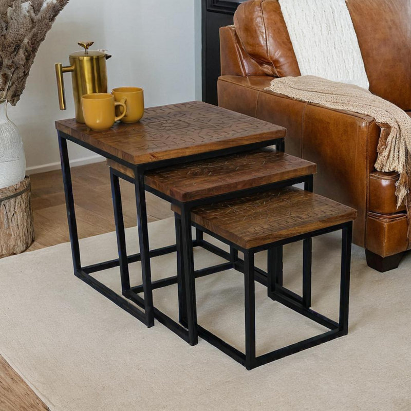 Acacia Wood Round Set Hand Carved 3 Piece Nest of Tables 