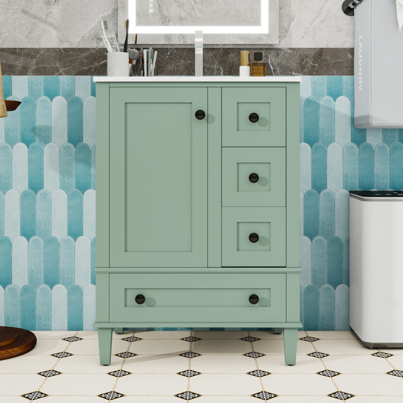Meuble-lavabo de salle de bain avec lavabo en céramique intégré, 3 tiroirs de rangement et tablette de porte à double couche