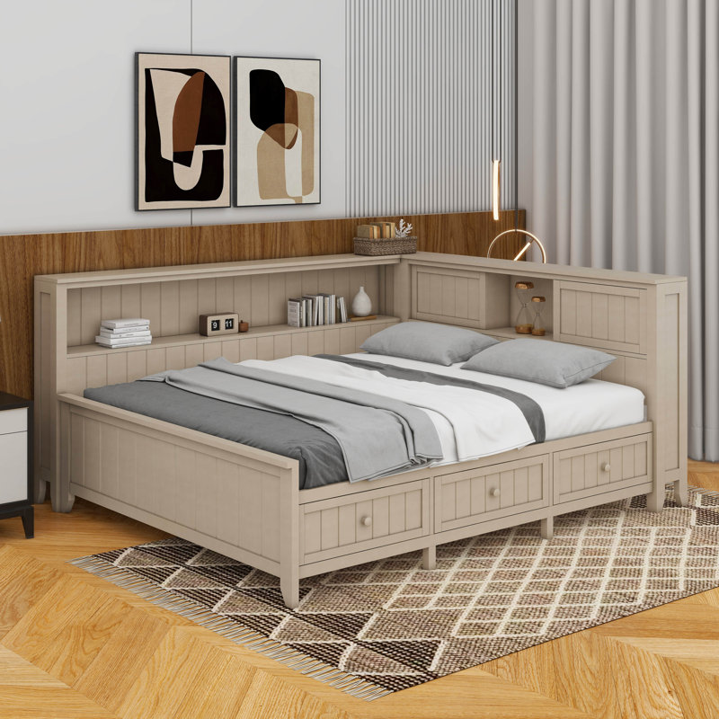 Lit de jour en bois avec tablettes de rangement et 3 tiroirs, Double