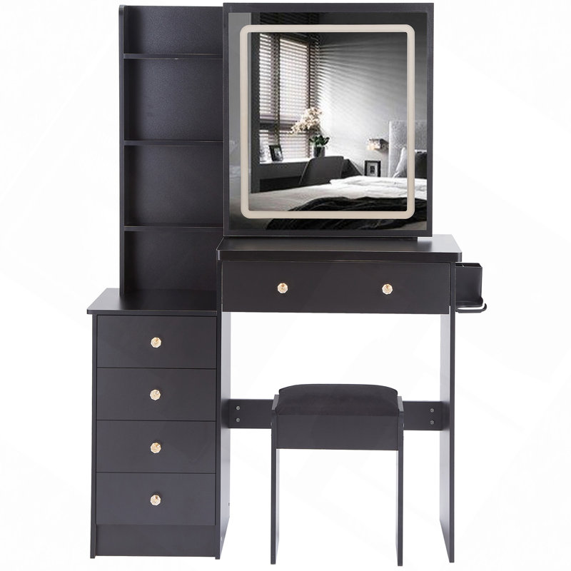 Vanity Desk, 37" Middle Size Left Bedside Cabinet Vanity Table , Cushioned Stool Dresser Set, 2 AC, 2 USB Socket, Hair Dryer Stand, Large Touch Control LED Sliding Mirror, 3-Color Switch, EPA, GCC, UL Certificate