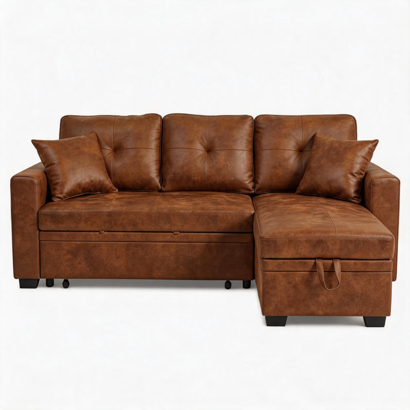71" Reversible Sleeper Sectional with Pull-Out Bed & Storage, Light Brown Polyester