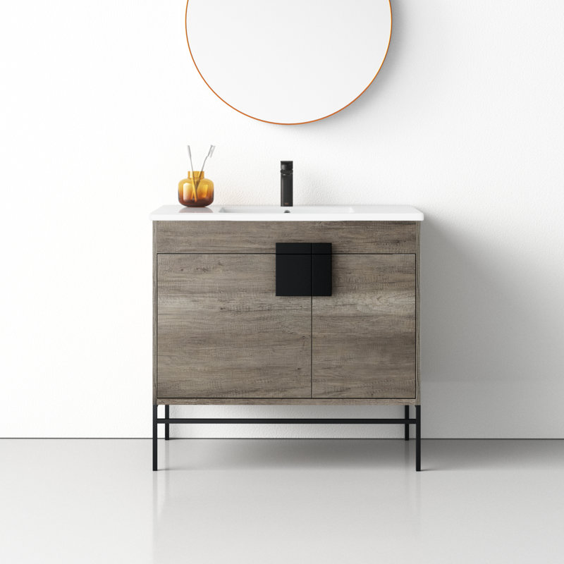 Maisie 36'' Single Bathroom Vanity with Ceramic Top, Black Matte, Shadow Gray