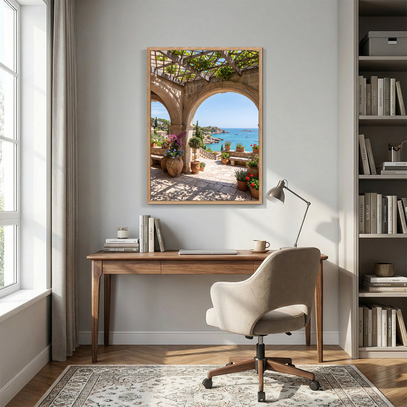 «Stone Archway» donnant sur une baie turquoise et des pots en terre cuite, 48"H x 36"W