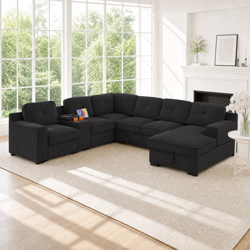 Canapé modulaire 119,5 po Chenille avec console et rangement intégrés, Black Chenille