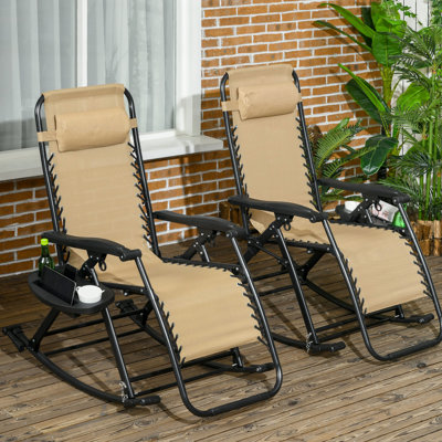 Chaises berçantes pour l'extérieur, fauteuil inclinable zéro gravité avec coussin, porte-gobelet et téléphone, pliable, beige, structure en acier pour une durabilité stable, confort 2 chaises, fabrication pliante