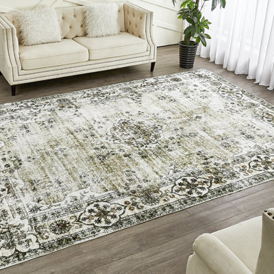 Royalton Non-Slip Machine Washable Oriental Indoor Area Rug in Green/Beige/Cream