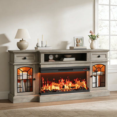 70" Farmhouse Fireplace Tv Stand For Tvs Up To 80", Entertainment Center With 36" 3-side Glass Electric Fireplace With Open Shelf And Cabinet, Tv Console For Living Room, Grey