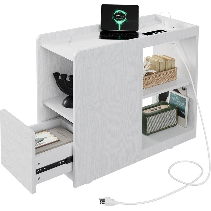 Buffet mobile avec station de charge - armoire de table de chevet en chêne blanc, tiroir et tablette à 3 niveaux, USB / Type-C, roues verrouillables pour la salle à manger, la chambre à coucher