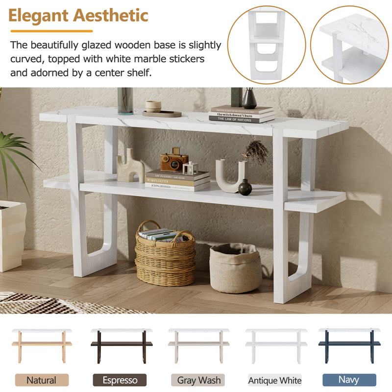 Retro Elegant Console Table with Marble-Effect Top and Versatile Storage Solutions, Antique White