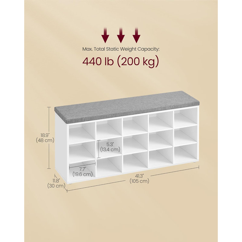 Storage Bench with Padded Seat, Gray, White