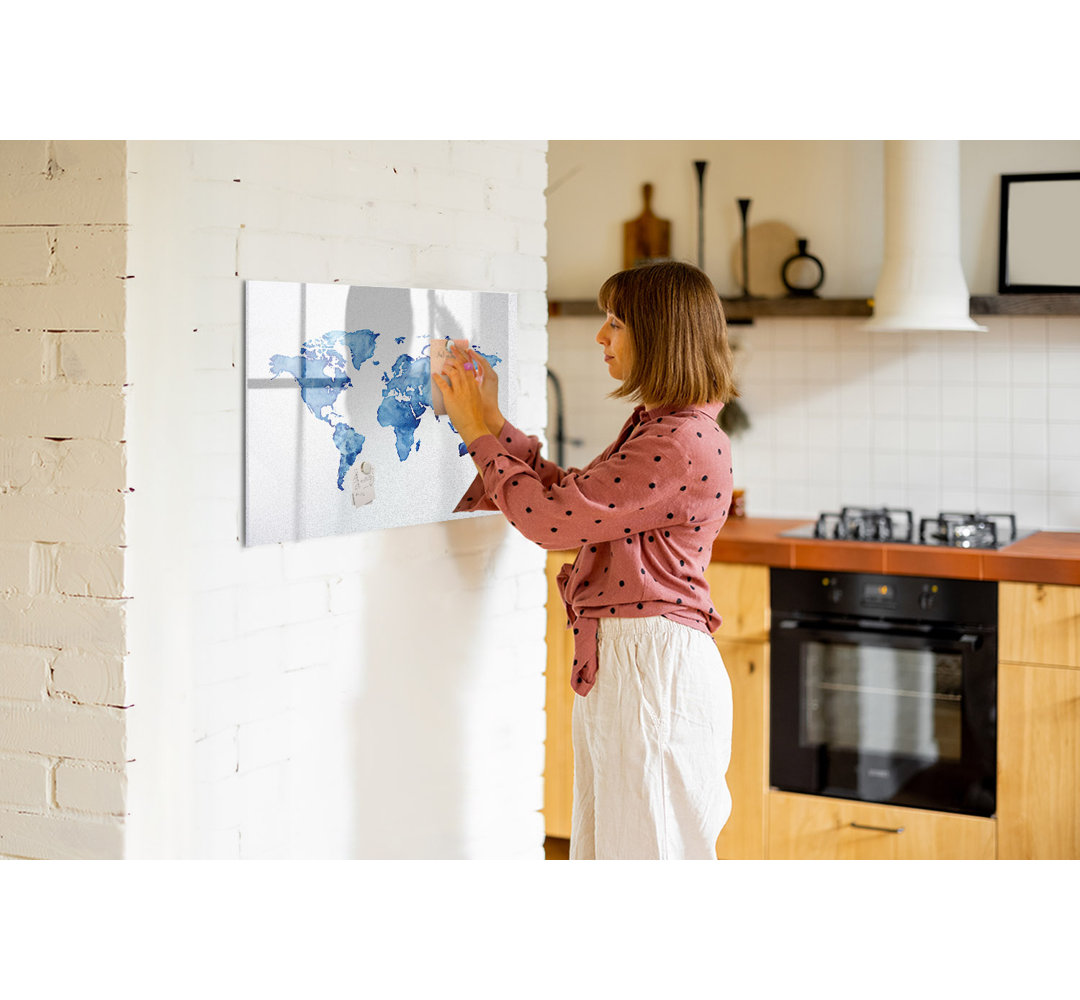 Magnetic Memo Board Whiteboard - 90 x 60 cm - With Marker and Magnets - World map watercolor