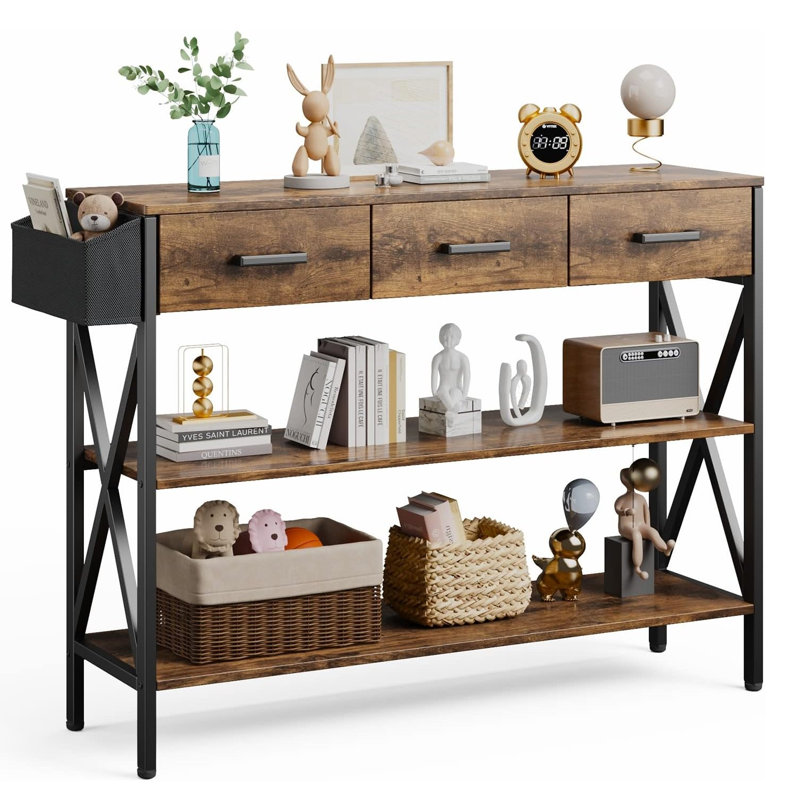 47" Modern Console Table with MDF Board, Metal Legs, 3 Drawers & 3-Tier Storage Shelves, Rustic Brown