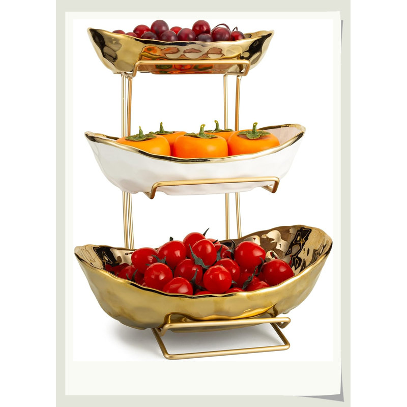 Maria à 3 niveaux en céramique avec support en acier inoxydable, support à fruits à usages multiples allant au lave-vaisselle pour la fête à la maison
