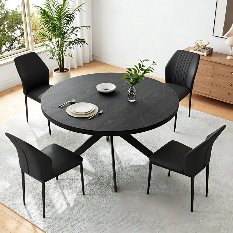 5-Piece Set Oak Round Dining Table, Dining Table Set, With 4 Modern Chairs, Black