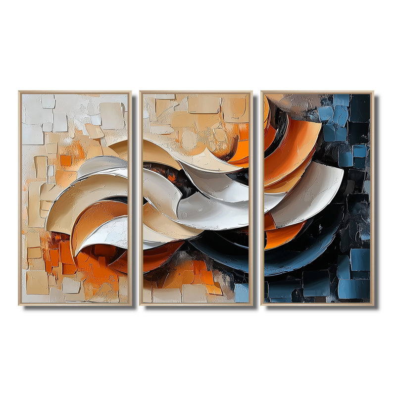 Encre monochrome Echo I - art mural cubisme pour le salon - ensemble de 3, H 28 po x l 36 po, Érable