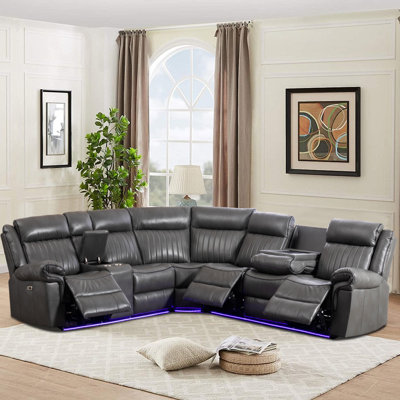 3 - Piece Vegan Leather Reclining Sectional With Foldable Charging Station & Led Lights