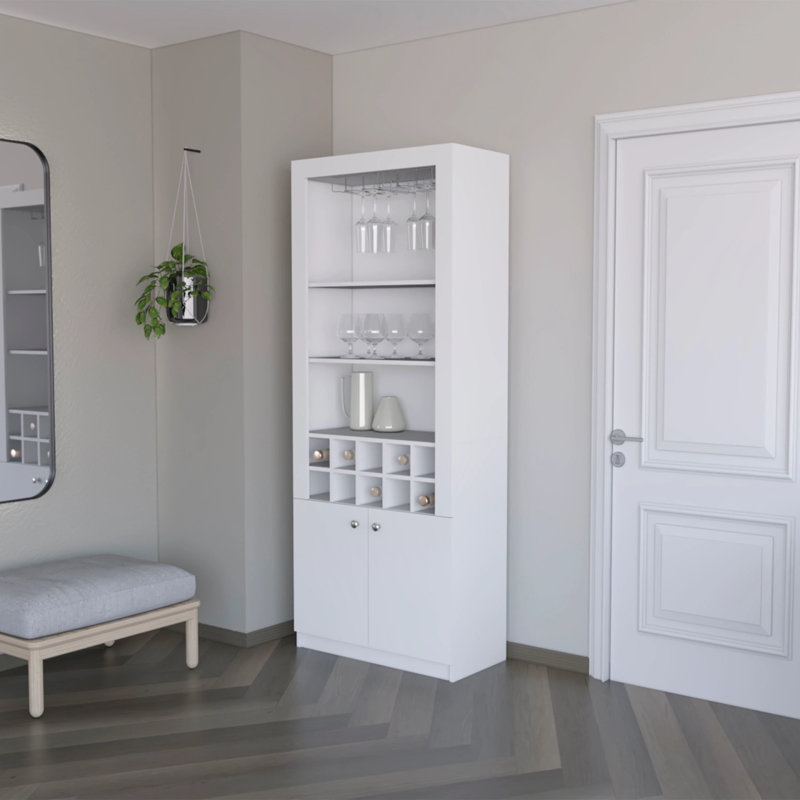 Bar avec rangement pour bouteilles de vin et trois tablettes, Blanc