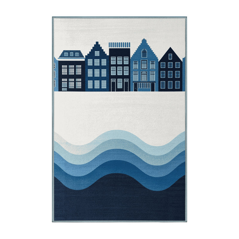 Tapis scandinave à motif géométrique lavable à la machine bleu clair - bleu ciel, 6 X 9
