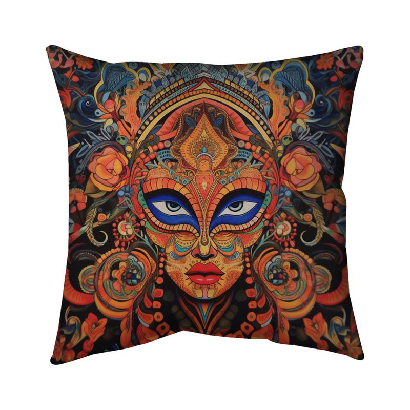 Aztec Face - Contemporary Shapes Outdoor Throw Pillow | Home Decor, Blue/Black/Green