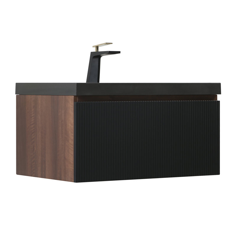 Meuble-lavabo mural flottant 30 po moderne en noyer fumé avec plateau en quartz noir, 30"