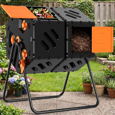 Composteur rotatif extérieur surdimensionné de 45 gallons, contenant de compostage à deux chambres, structure rotative à 360 degrés, installation par encliquetage sans outil, fabrication robuste sans BPA, composteur à haute efficacité pour les déchets de la cour et les restes de cuisine