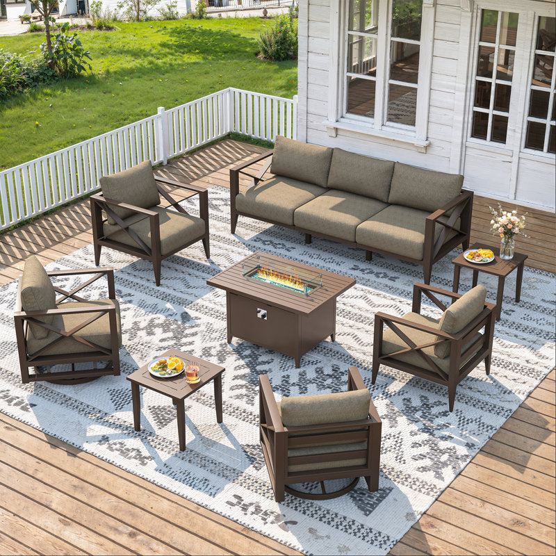 Aluminum Patio Furniture Set with Oversized Fire Pit Table, 9-Piece All-Weather Outdoor Conversation Set with Swivel Rocking Chairs, Oversized Modern Sofa for Backyard, Deck, Balcony-Brown