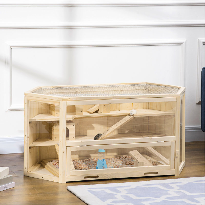 Cage à hamster en bois à 3 niveaux avec balançoires à bascule, bouteille d'eau, zone d'activité pour animaux de compagnie énergisants - Centre d'exercice équipé et gai