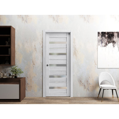 Porte coulissante à galandage avec vitrage dépoli Quadro 4445 Blanc nordique, trousse de garnitures, quincaillerie, bois massif, intérieur de chambre, portes robustes - 42 po x 96 po