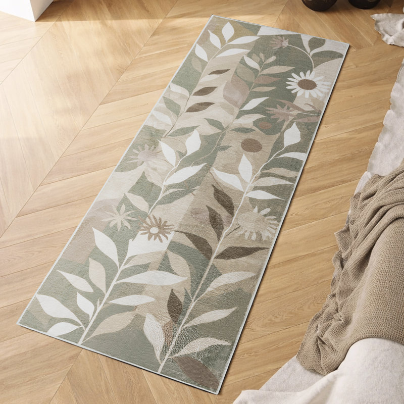 Machine Washable Boho Abstract Floral Area Rug Soft Low-Pile Non-Slip Backing Sage Green/Beige/Brown Indoor Carpet for Living Room, Bedroom, Hallway Runner