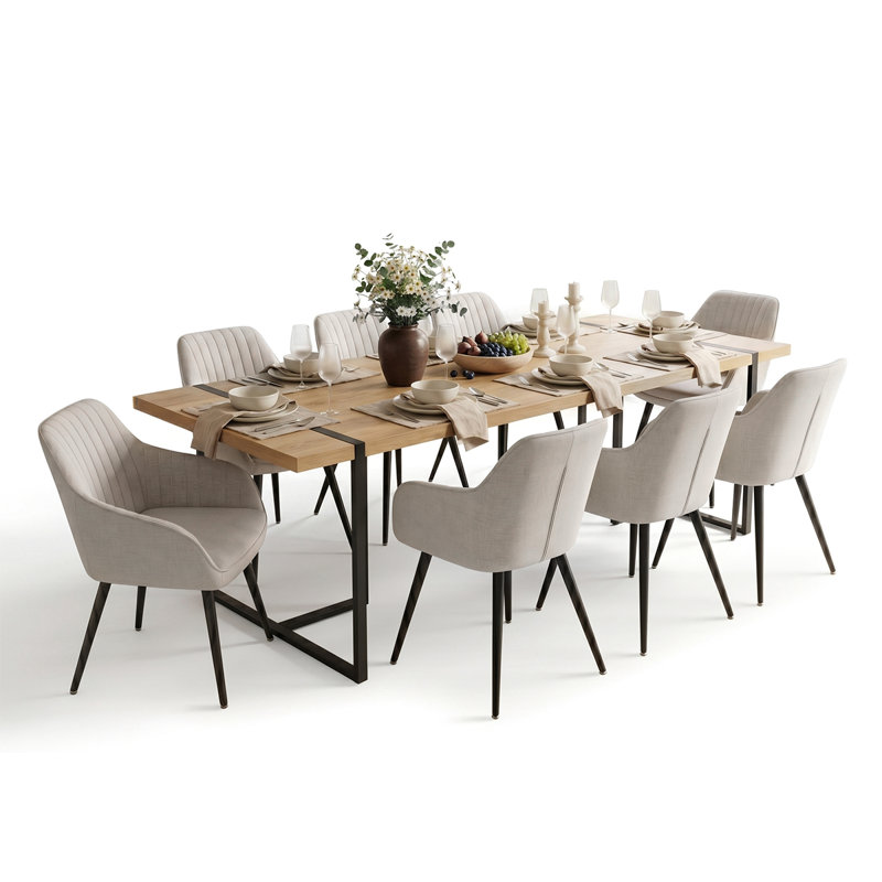 Modern 79" Rectangular Dining Set With 8 Upholstered Arm Chairs, Beige