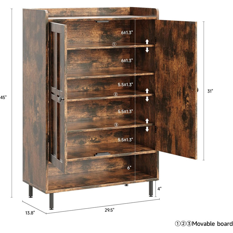 Armoire de rangement à chaussures à 6 niveaux avec portes à moulures croisées, tablettes réglables et pieds en métal, range-chaussures pour diverses chaussures