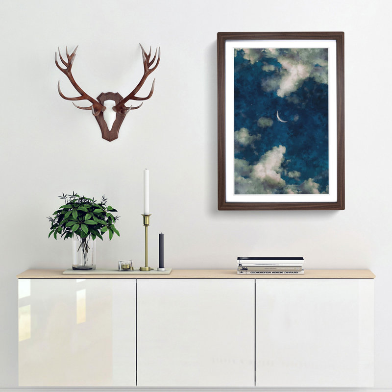 Crescent Moon Through the Clouds 1 Piece Single Picture Frame Painting on MDF, 87cm H x 62cm W x 2cm D, Walnut Framed