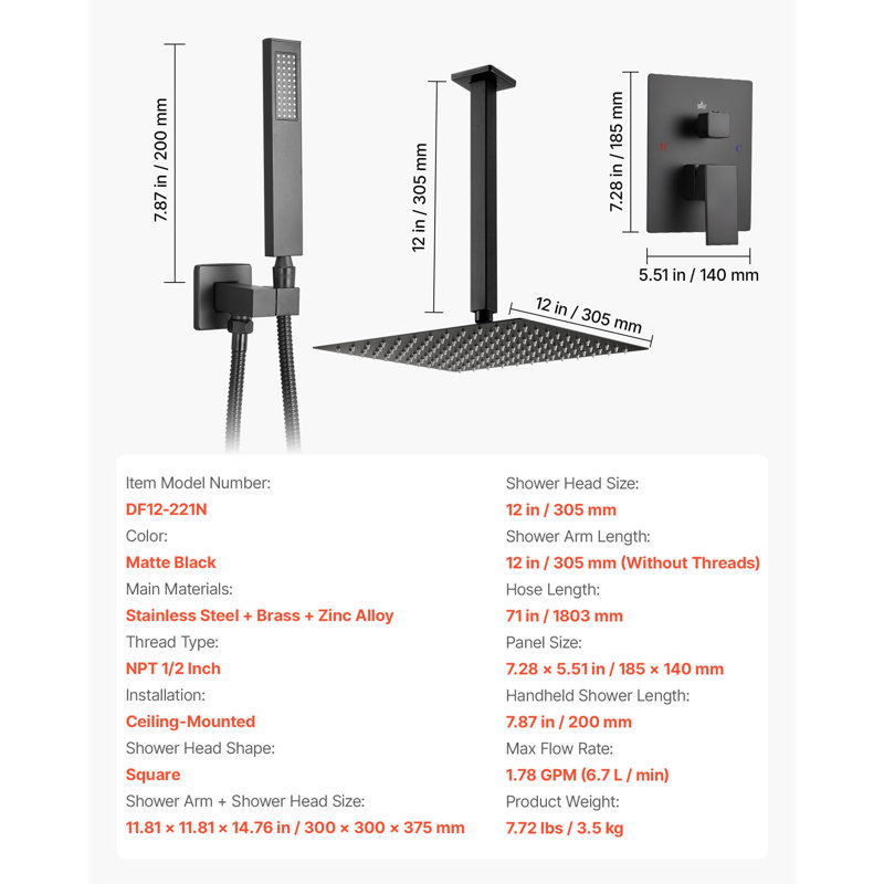 Shower Faucet Set 12" Square Rain Shower Head and Hand Set, Matte Black