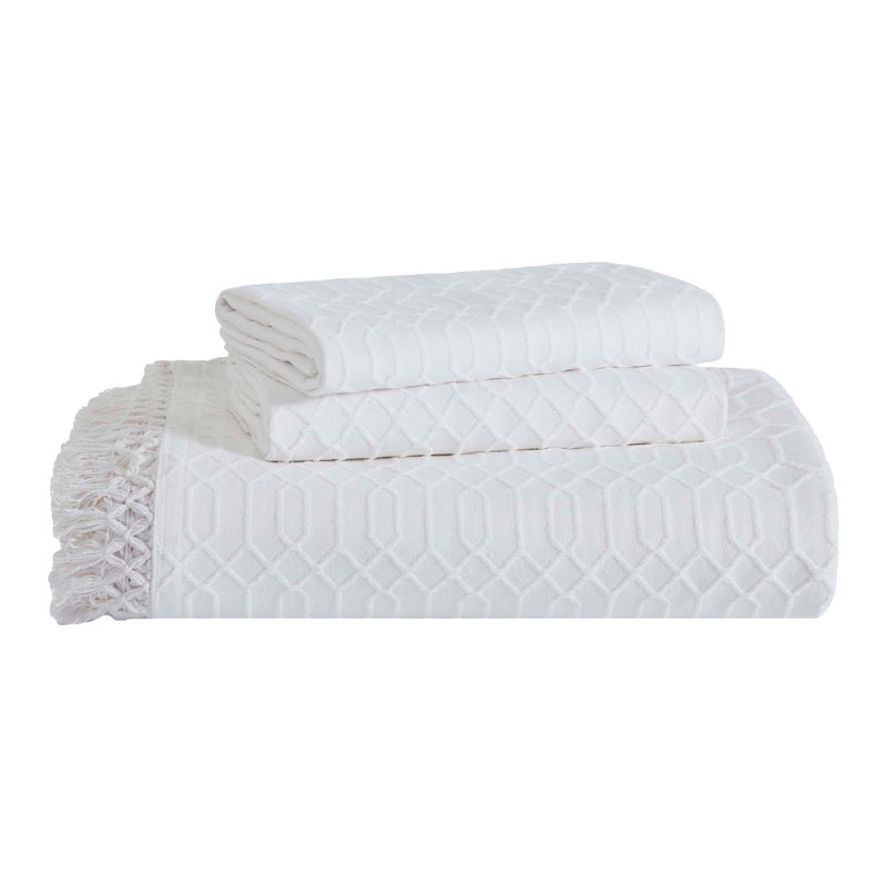 Remi All Season Breathable Jacquard Geometric Fringe Cotton-Poly Blend Bedspread Set With Shams, White