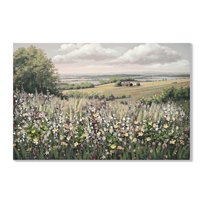 24×36 Inch Framed Vintage Wildflower Meadow Landscape Canvas Wall Art